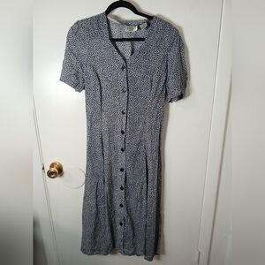 90s Vintage Allyson Whitney Black And White Floral Midi Dress with Buttons